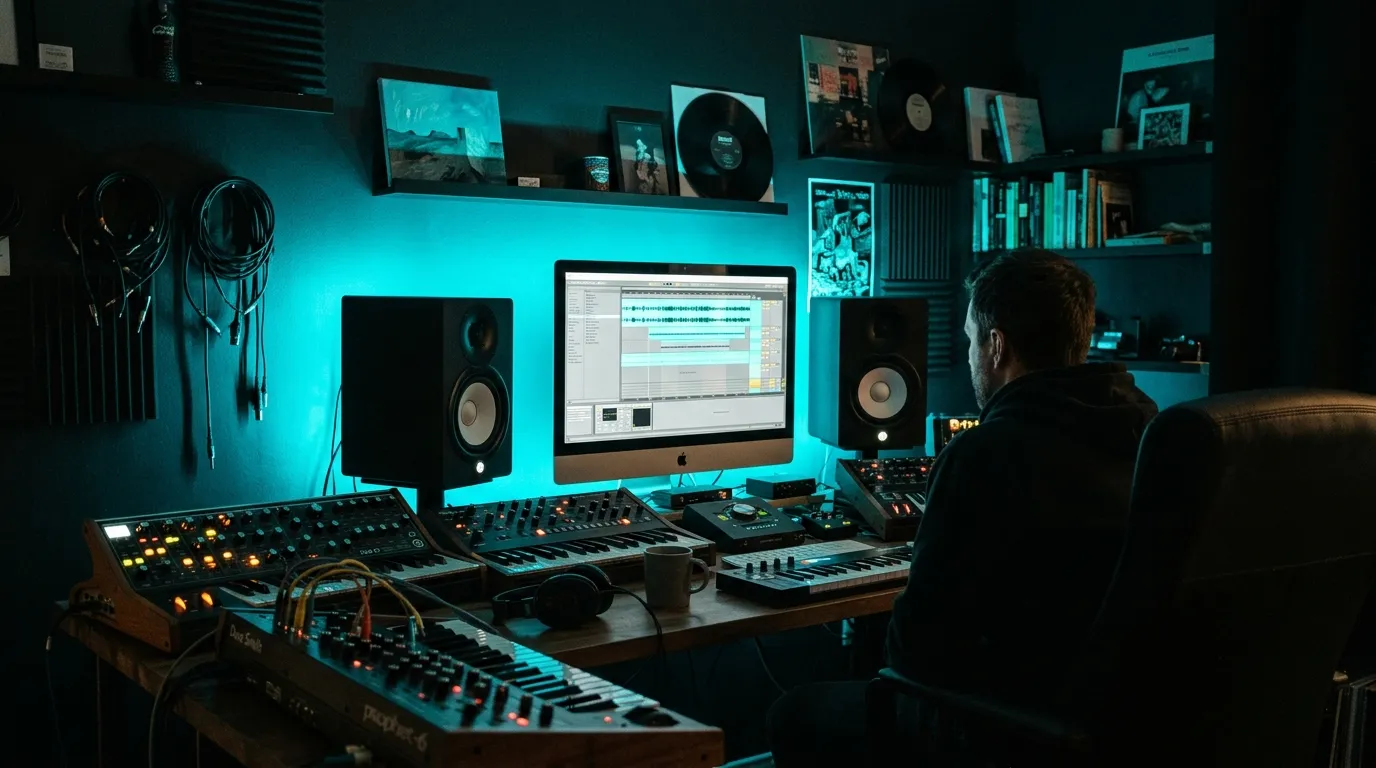 Independent producer working in a studio with analog equipment